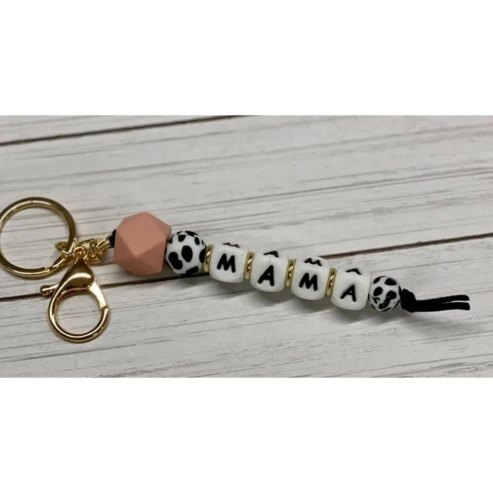 Silicone Mama with Cow Beads Keychain Charm, Backpack, Purse Key Chain